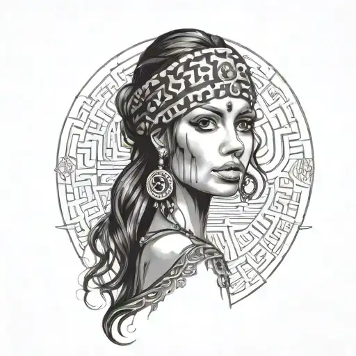 Fine Line Micro Realism Gypsy Women Binary Code Flowing Negative Space Geometry