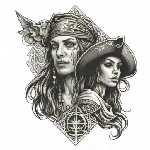 Fine Line Geometric Micro Realism Pirate Gypsy Women Binary Genetic Flow Negative Space