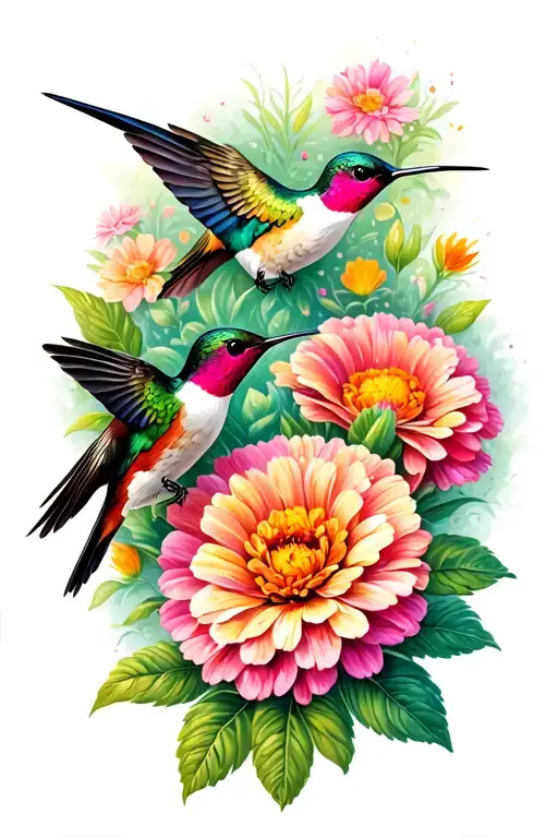 Marigold Flowers And Two Hummingbirds