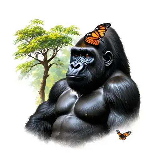 Quiet Gorilla With A Butterfly On The Shoulder With A Tree In The Background