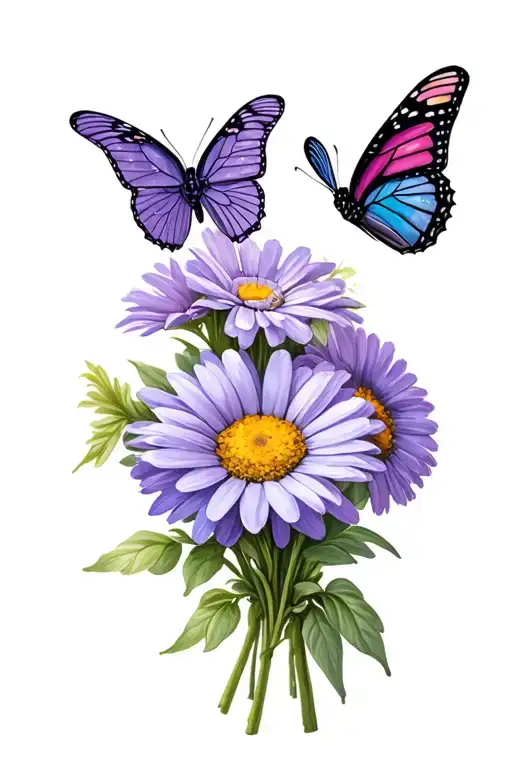 2 Butterflies With A Daisy And Violet Flower Bouquet