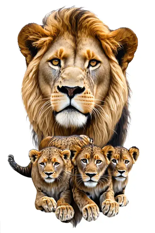 Female Lion With 4 Cubs