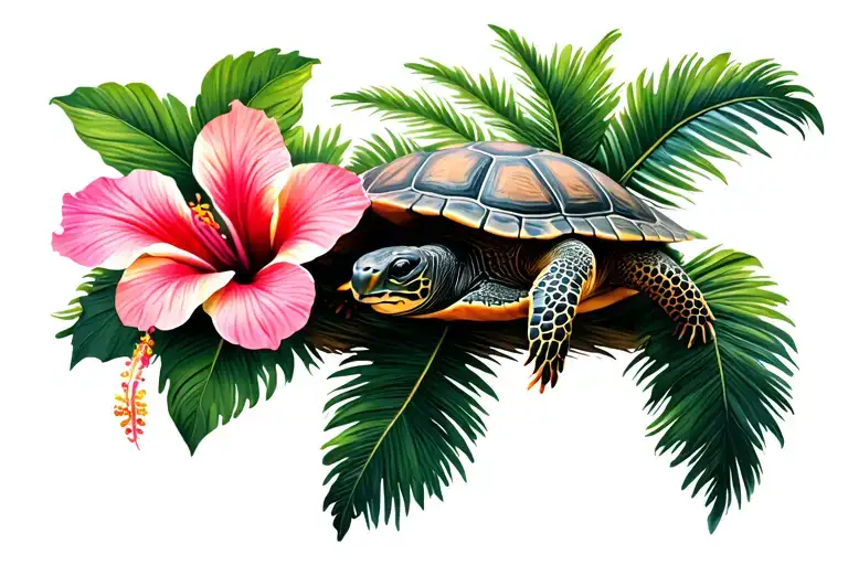 Palm Tree With Turtle Sitting Inside Hibiscus Flower