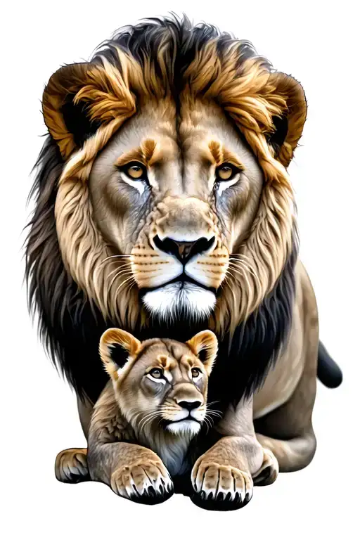 Lion Protecting Cub Looking