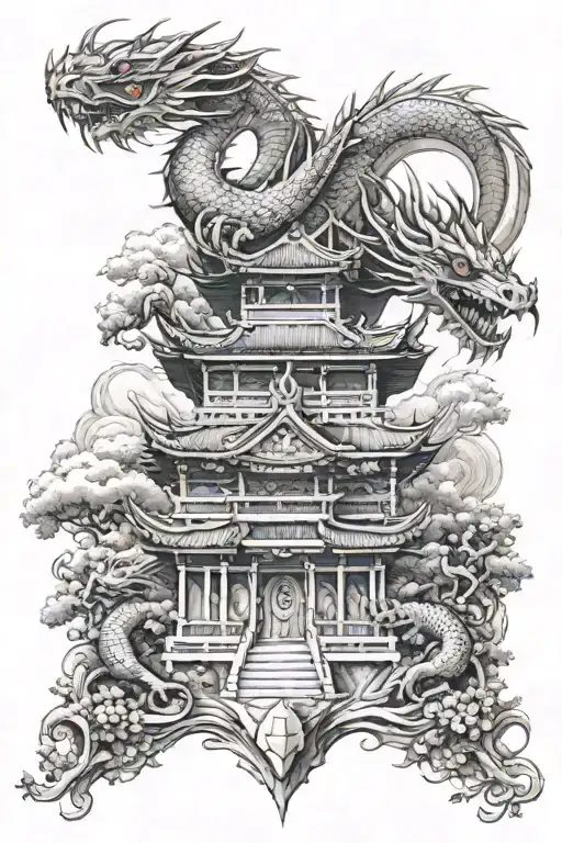 Dragon And Temple Surrounded By Cherry
