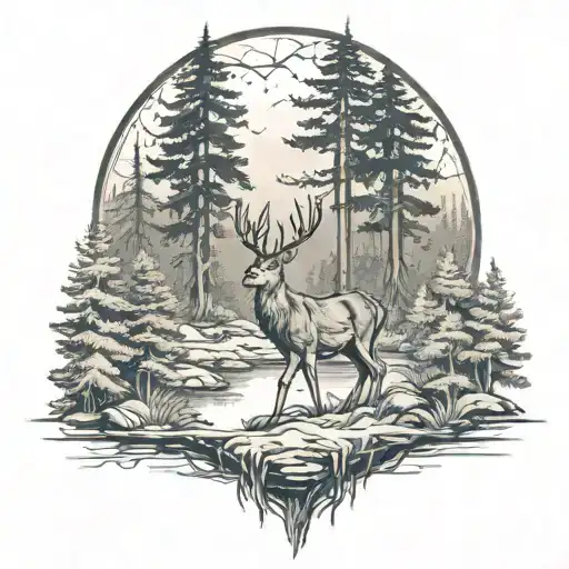 Forest Landscape With Deer