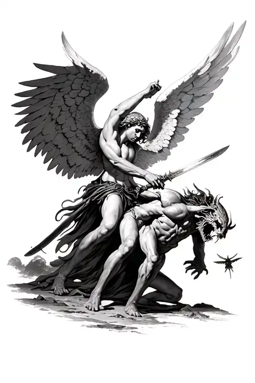Angel With Wings And Sword Flies Down From The Sky And Amazes The Demon On The Ground