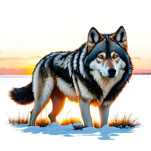 A Realistic Portrait Of A Lone Wolf With A Sunrise In The Background In A Realism Style