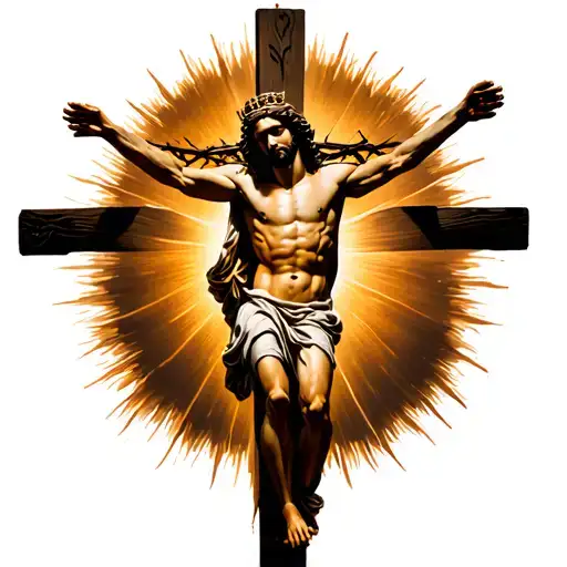 Ultra Realistic Full Body Jesus On Cross Wearing Crown Of Thorns With Sun Beams Behind