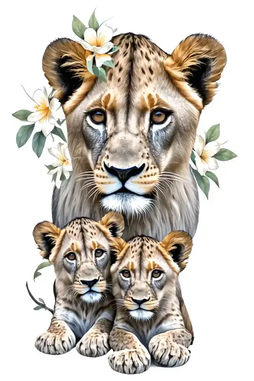 Lioness 5 Lion Cubs Flowers