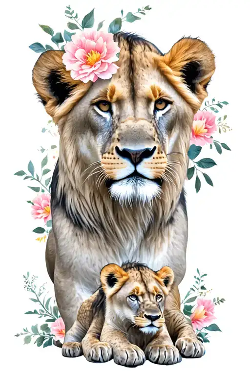 Lioness 5 Lion Cubs Flowers And Cross