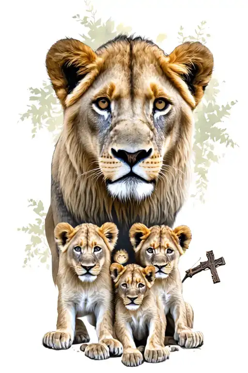 Lioness 5 Lion Cubs And Christian Cross