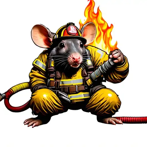 Muscular Rat Wearing Firefighter Gear With Fire Hose