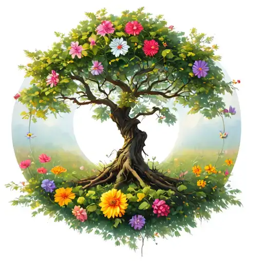 Tree With 5 Branches With Different Flowers Per Branch With Sheets And All Surrounded By A Circle