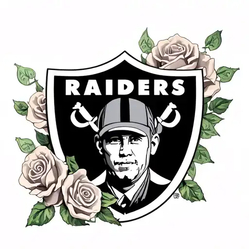 Memorial Tattoo Of Husband With Money Roses Surrounding Inside Of A Raiders Logo