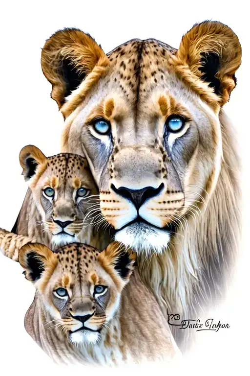 Lioness With 2 Cubs Face Only Blue Eyes