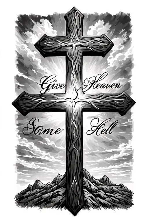 Western Sky Background With A Cross And In Script Writing The Words Give Heaven Some Hell