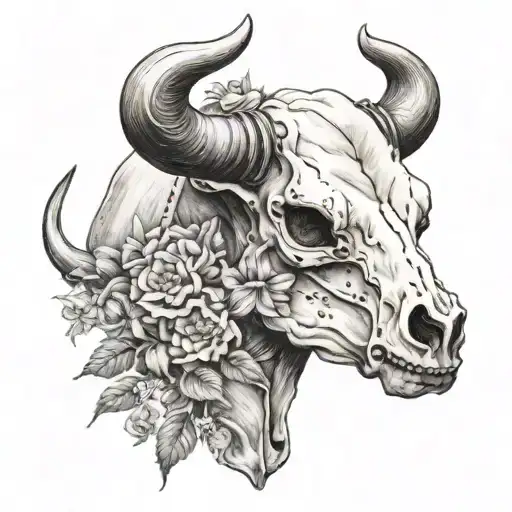 Taurs Bull Skull Surrounded By Flowers