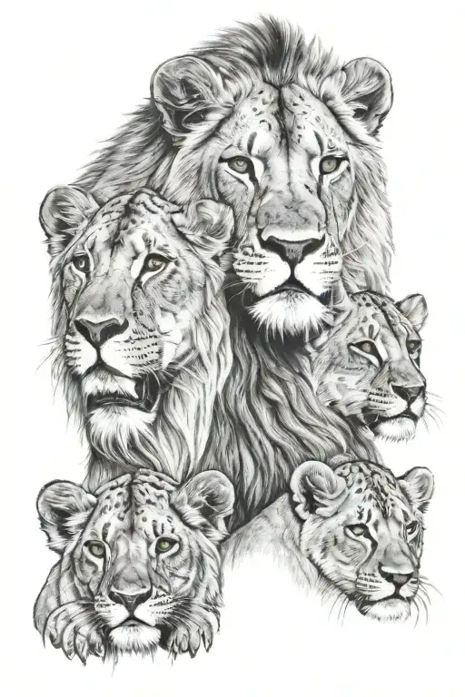 A Lioness And 2 Lion Babys With Colors In Their Eyes