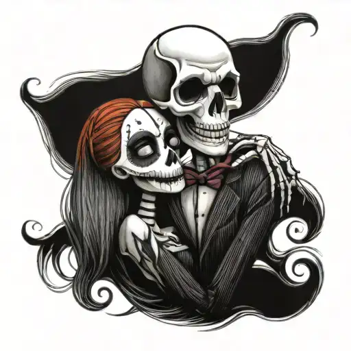Hand Drawn Realistic Skull Jack And Sally Skellington