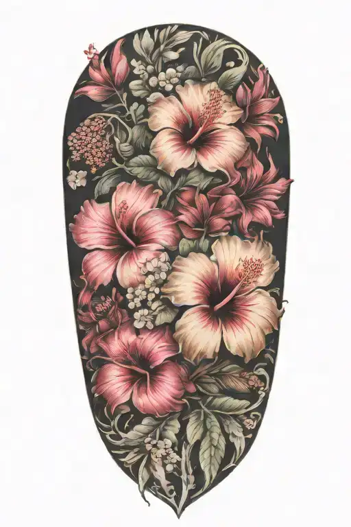 Sleeve From Wrist To Elbow With Hibiscus Flowers And Sakura Flowers With Skin Break Blank Cross