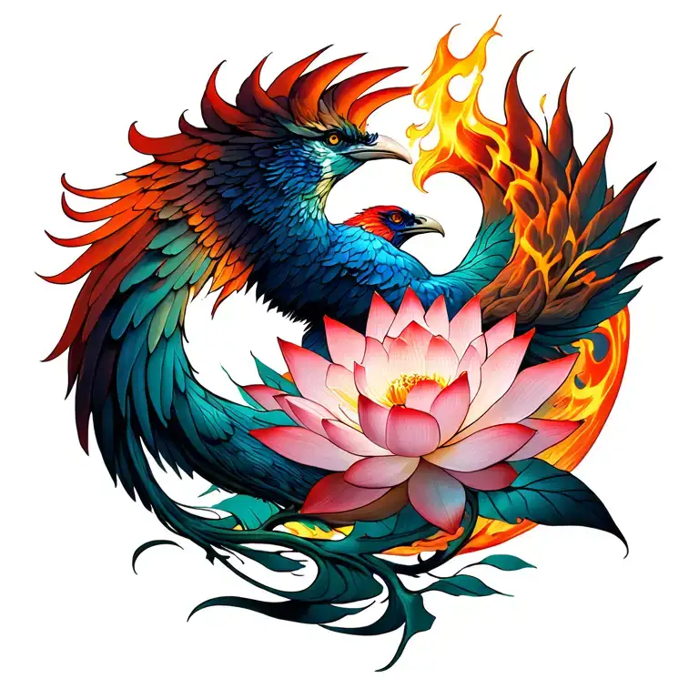Lotus Flower With Burning Phoenix Rising