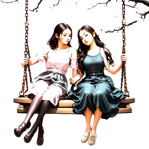 Cherry Blossom Branch With 2 Girls On A Swing
