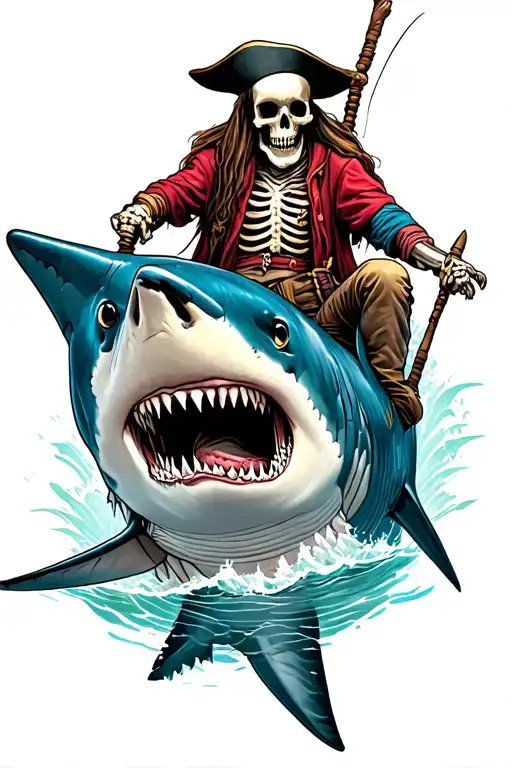Skeleton Pirate Riding A Shark