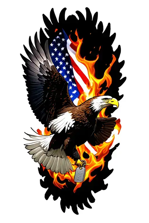 An Eagle Flying Out Of Flames With The Usa Flag And Dog Tags In Its Talons