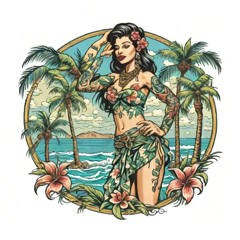Hula Girl Pin Up With Tattoos Standing With Palm Trees And The Ocean In Color
