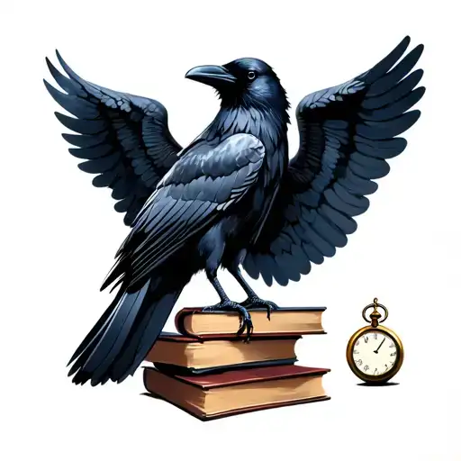 Raven With Wings Unfurled Perched On A Stack Of Books With A Pocket Watch And A Skul