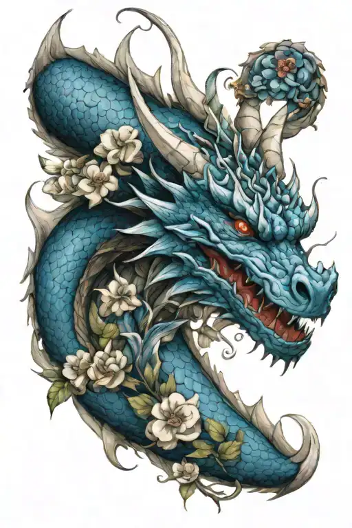 Blue Haku Like Dragon With Human Heart And Flowers
