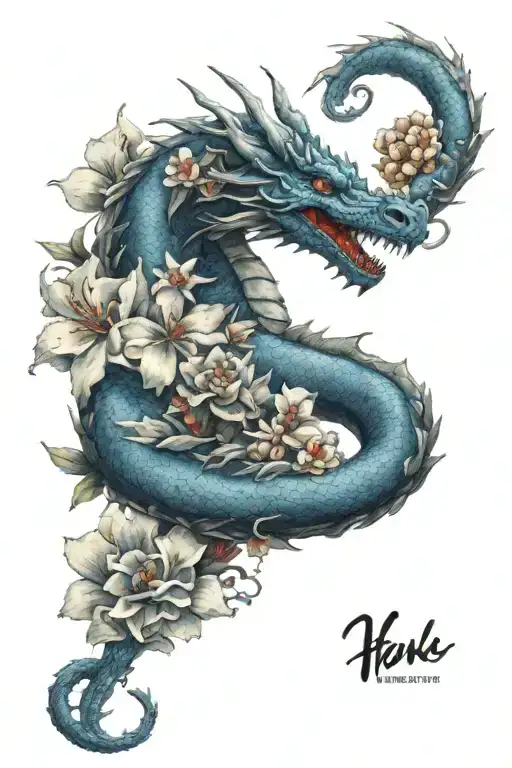 Blue Haku-like Dragon With Human Heart And Flower Blooming