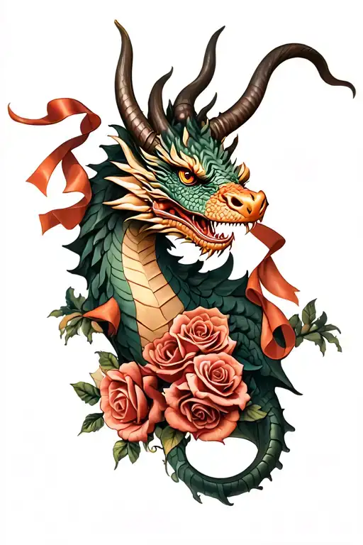 Dragon With Roses And Ribbon Wrapped Around Horns