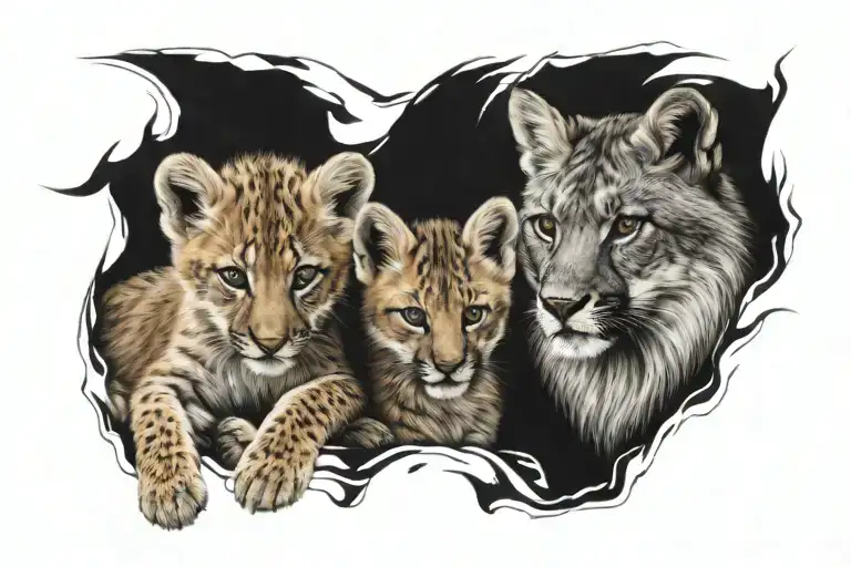 Realism Style Lion Cub And Red Fox