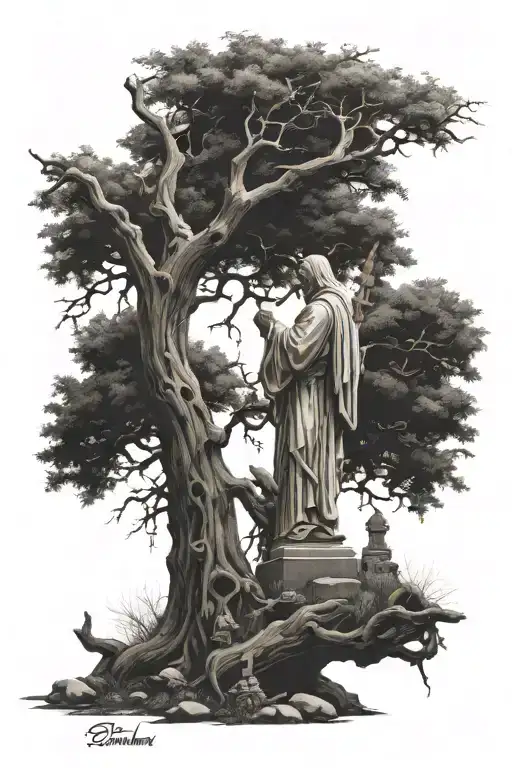 The Reaper Up Side The Tree And Jesus Kneeling In A Cemetery