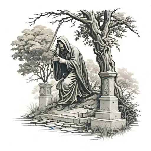 The Reaper Up Side The Tree And Jesus Kneeling In A Cemetery