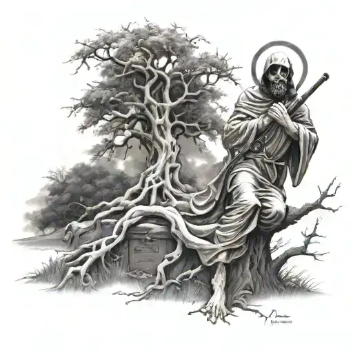 The Reaper Up Side The Tree And Jesus Kneeling In A Cemetery