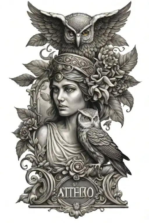 Athena With Owl For Arm Tatoo Design