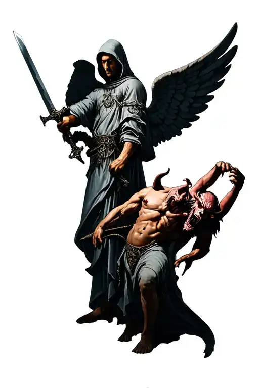 Hooded Guardian Angel Holding A Sword Piercing A Demon