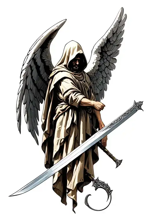 Hooded Guardian Angel Holding A Sword Piercing Former Self