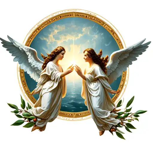 Three Circle Angels That Go To Grab Two Enlightened Olive Branches In The Center