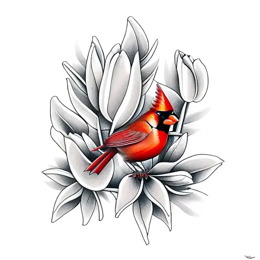 Red Cardinal Wearing A Santa Hat Amidst Tulips