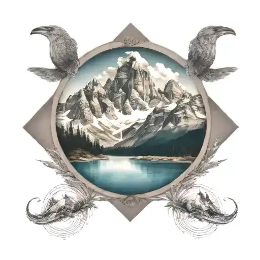 A Majestic Mountain Range With A Hidden Ocean Scene Within The Peaks