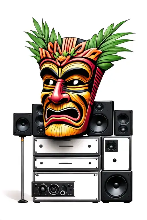 Trippy Tiki Mask In Front Of A Stack Of Speakers