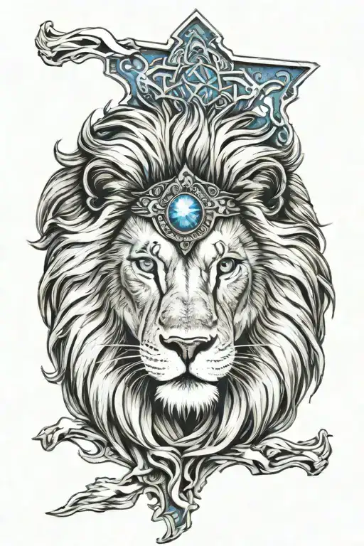 Lion Head With Blue Eyes And Cross Surrounded My Mountain Range