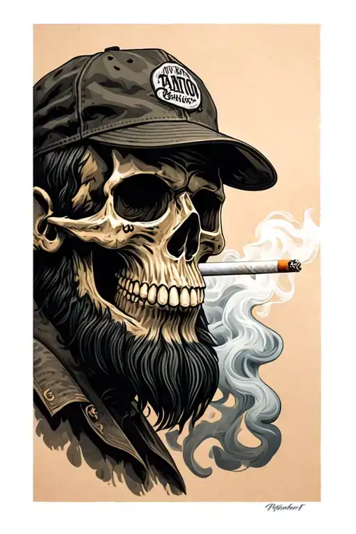 A Bearded Skull With A Cap And A Cigarette Between His Teeth And Smoke