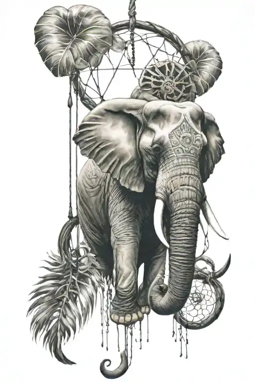 Elephant Head Hanging On A Big Dream Catcher
