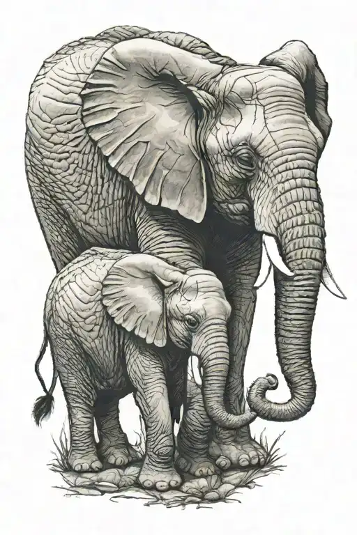 An Elephant Face To Face With Its Baby Side View