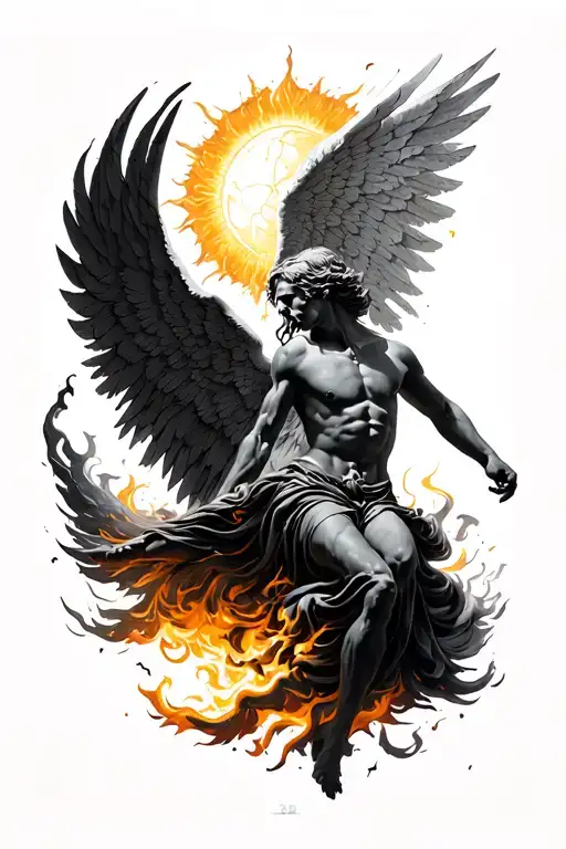 Icarus Falling With A Demonic Wing And An Angel One The Sun Is Very Intense Ad It Burns The Wings